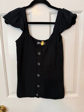 Anthropologie Black Textured Sweater Tank with Ruffle Shoulder - Size Med